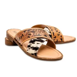 New! Myra Bag Western Hand-Tooled Leather Cowhide Hair-On Sandals