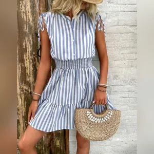 NEW Nautical Striped Tie Sleeve Short Dress Blue White Cotton Blend
