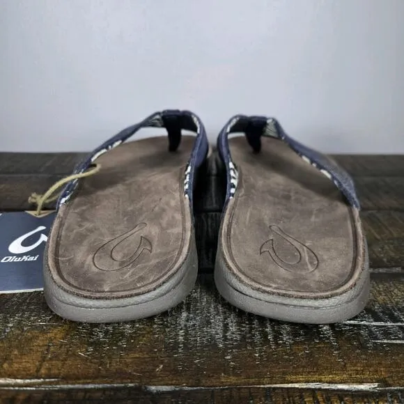 NEW OluKai Tuahine Mens Size 14 Beach Flip Flops Sandals Leather Blue Brown