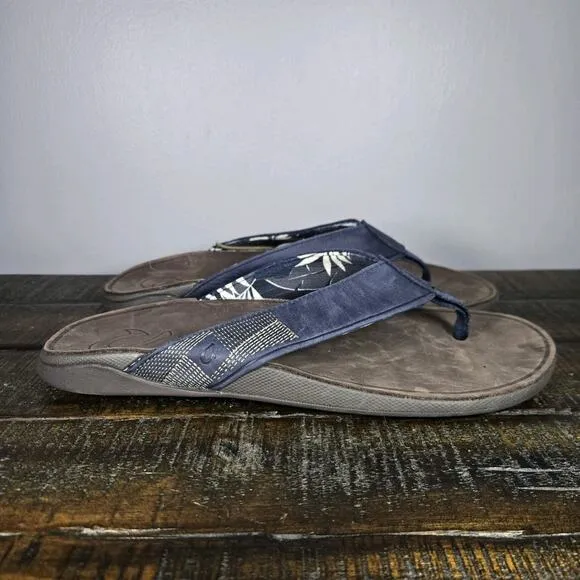 NEW OluKai Tuahine Mens Size 14 Beach Flip Flops Sandals Leather Blue Brown