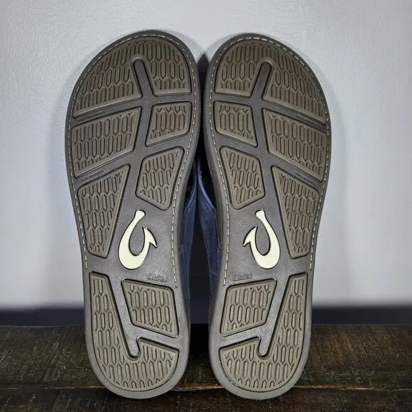 NEW OluKai Tuahine Mens Size 14 Beach Flip Flops Sandals Leather Blue Brown