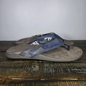 NEW OluKai Tuahine Mens Size 14 Beach Flip Flops Sandals Leather Blue Brown