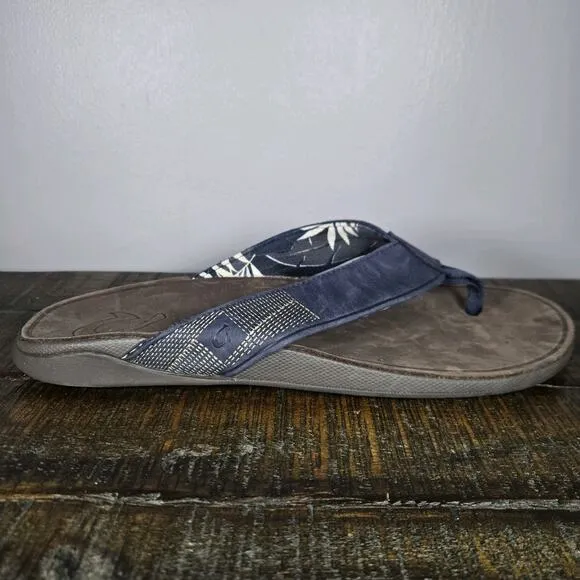 NEW OluKai Tuahine Mens Size 14 Beach Flip Flops Sandals Leather Blue Brown
