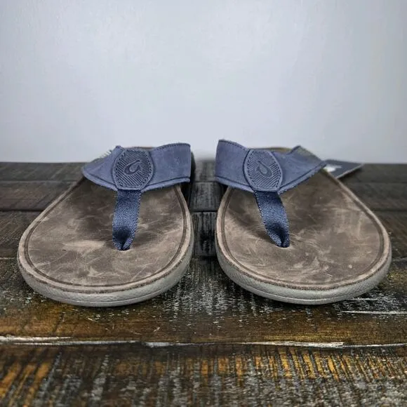 NEW OluKai Tuahine Mens Size 14 Beach Flip Flops Sandals Leather Blue Brown