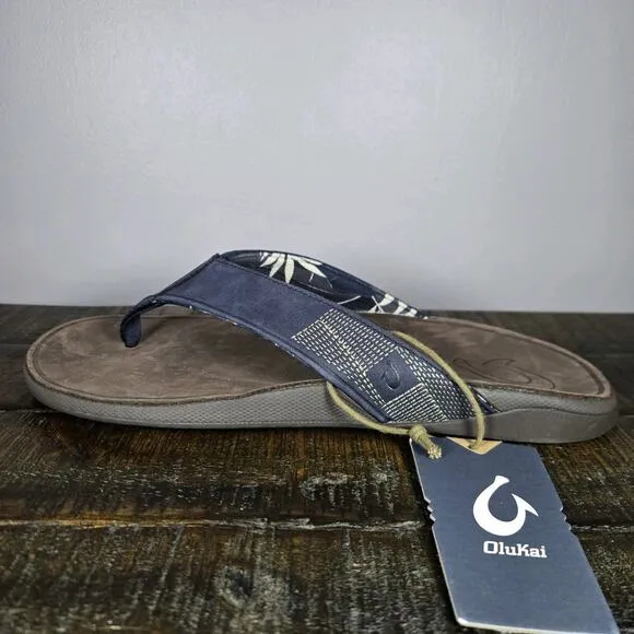 NEW OluKai Tuahine Mens Size 14 Beach Flip Flops Sandals Leather Blue Brown