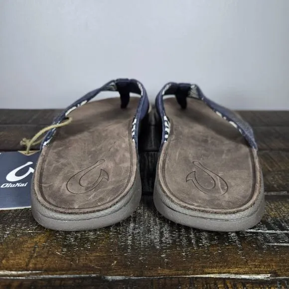 NEW OluKai Tuahine Mens Size 8 Beach Flip Flops Sandals Leather Blue Brown