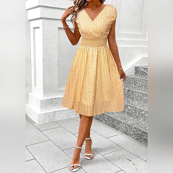 New Sheer Gingham Wrap Top Midi Dress Orange White