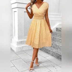 New Sheer Gingham Wrap Top Midi Dress Orange White