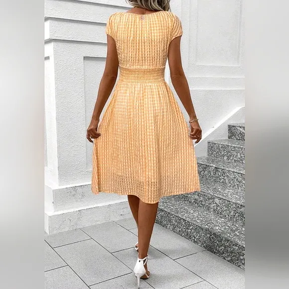 New Sheer Gingham Wrap Top Midi Dress Orange White