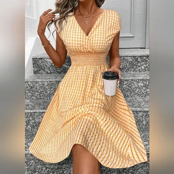 New Sheer Gingham Wrap Top Midi Dress Orange White