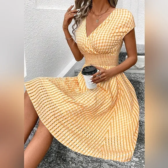 New Sheer Gingham Wrap Top Midi Dress Orange White