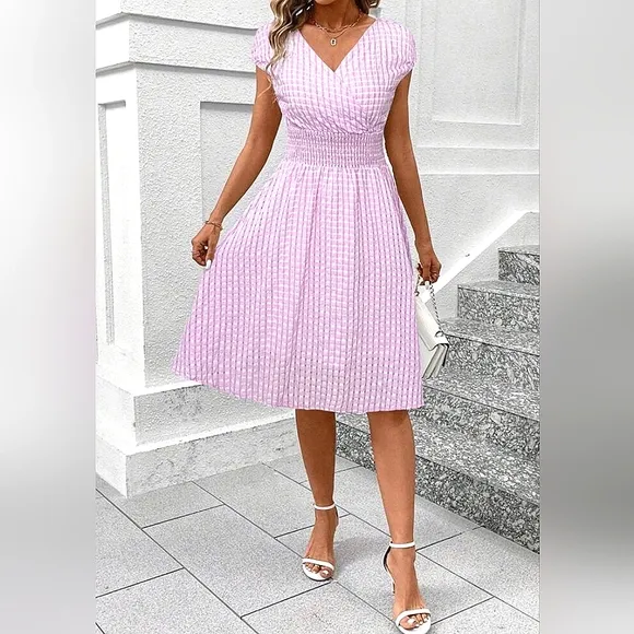 New Sheer Gingham Wrap Top Midi Dress Pink White