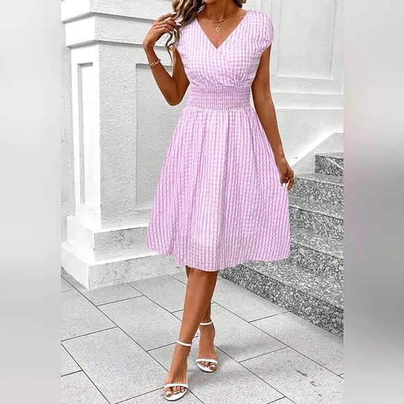 New Sheer Gingham Wrap Top Midi Dress Pink White
