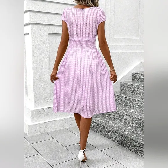 New Sheer Gingham Wrap Top Midi Dress Pink White