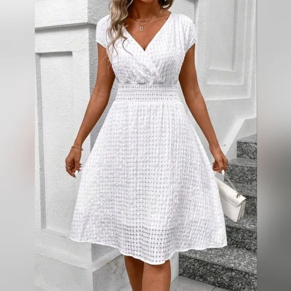 New Sheer Gingham Wrap Top Midi Dress White