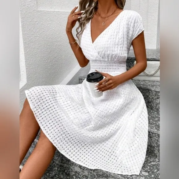 New Sheer Gingham Wrap Top Midi Dress White