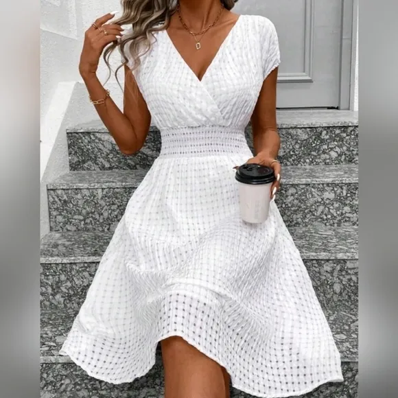 New Sheer Gingham Wrap Top Midi Dress White