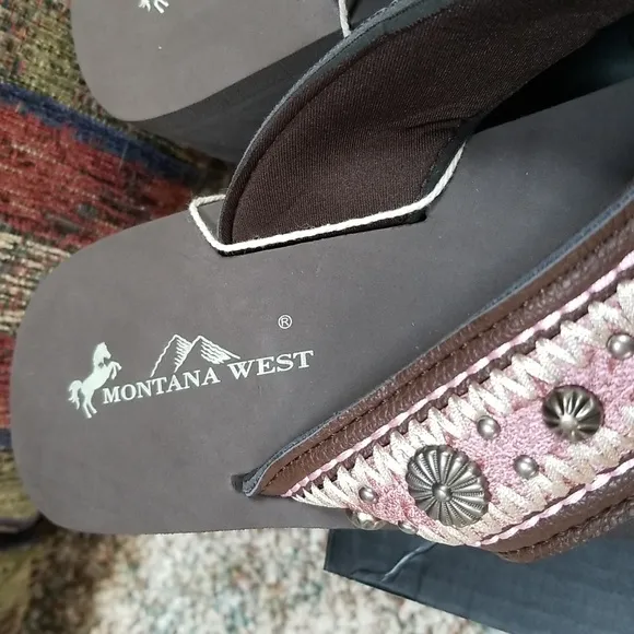 New Size 10 Montana West Western Wedge Sandals Flip Flops Pink Coffee
