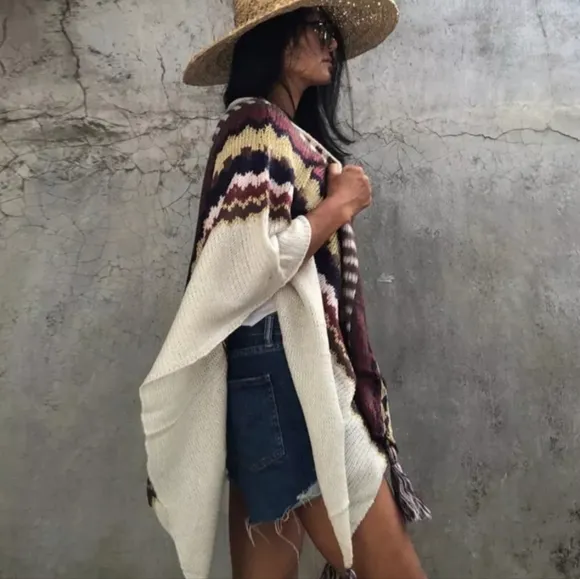 New Southwestern Native Knit Tassel Fringe Poncho Sweater Cardigan Cream Red