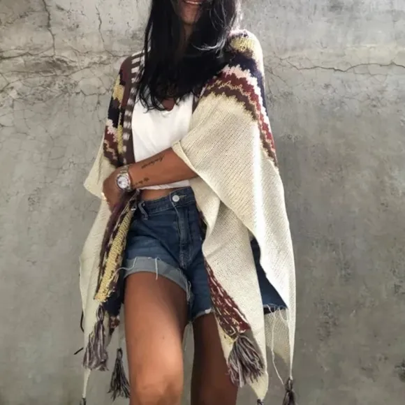 New Southwestern Native Knit Tassel Fringe Poncho Sweater Cardigan Cream Red