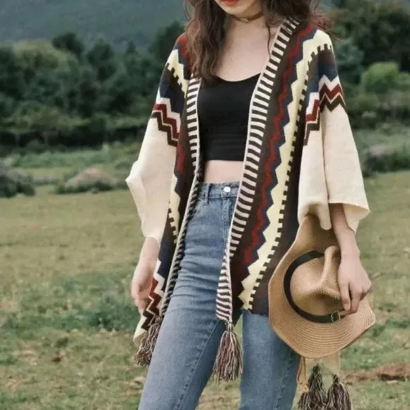 New Southwestern Native Knit Tassel Fringe Poncho Sweater Cardigan Cream Red