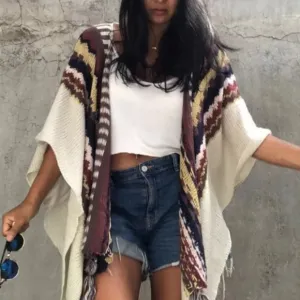 New Southwestern Native Knit Tassel Fringe Poncho Sweater Cardigan Cream Red