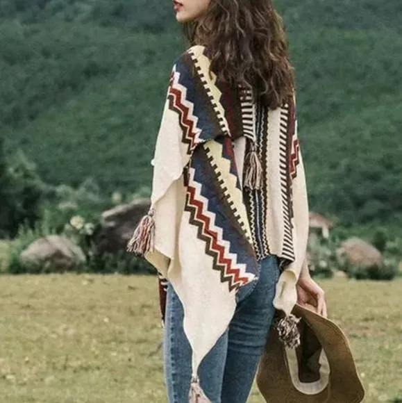 New Southwestern Native Knit Tassel Fringe Poncho Sweater Cardigan Cream Red