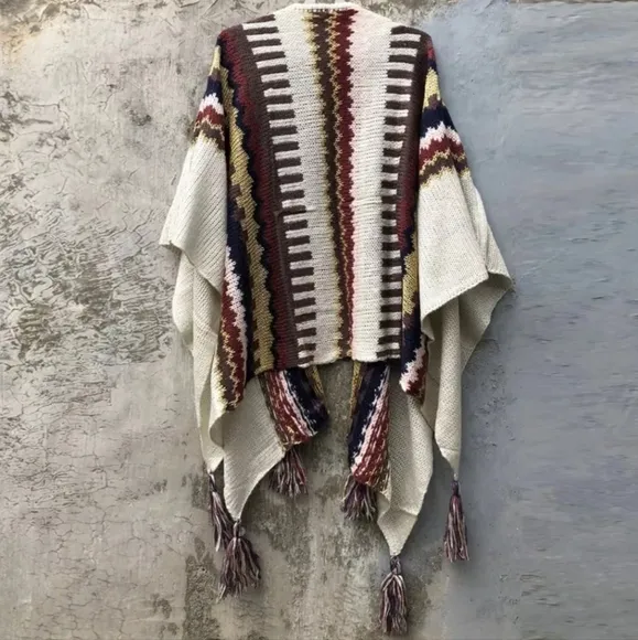 New Southwestern Native Knit Tassel Fringe Poncho Sweater Cardigan Cream Red