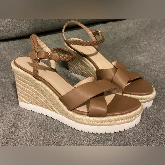 NEW Stuart Weitzman Mykonos Camel/Brown Leather Espadrille Wedge Sandals Size 10