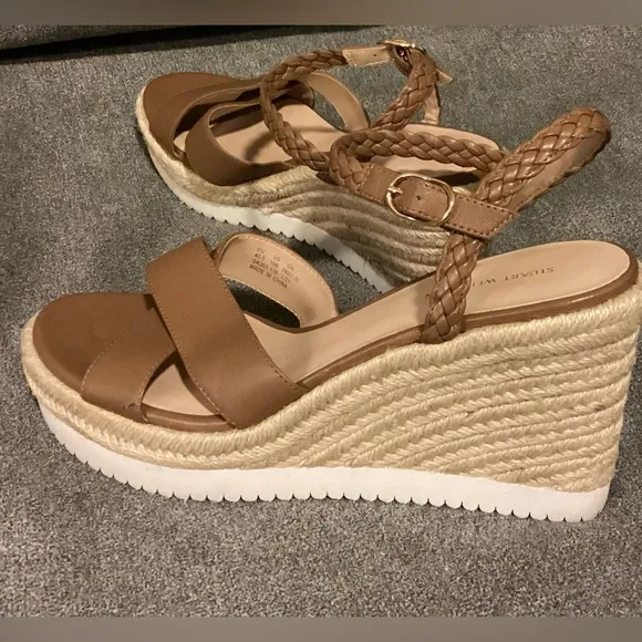 NEW Stuart Weitzman Mykonos Camel/Brown Leather Espadrille Wedge Sandals Size 10