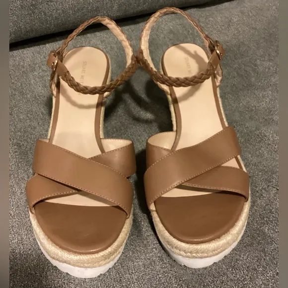NEW Stuart Weitzman Mykonos Camel/Brown Leather Espadrille Wedge Sandals Size 10