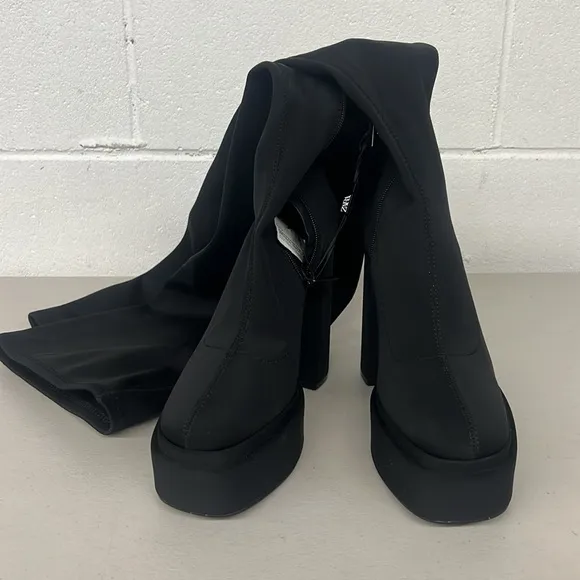 NEW SZ 38 Zara over the knee boots black 5” heeled boots tall platform stretch