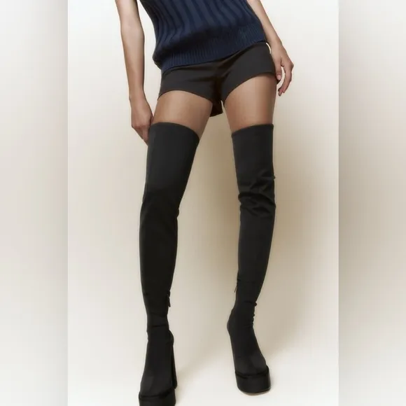 NEW SZ 38 Zara over the knee boots black 5” heeled boots tall platform stretch