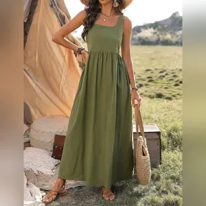 NEW Textured Cotton Cami Tank Maxi Dress Olive Green