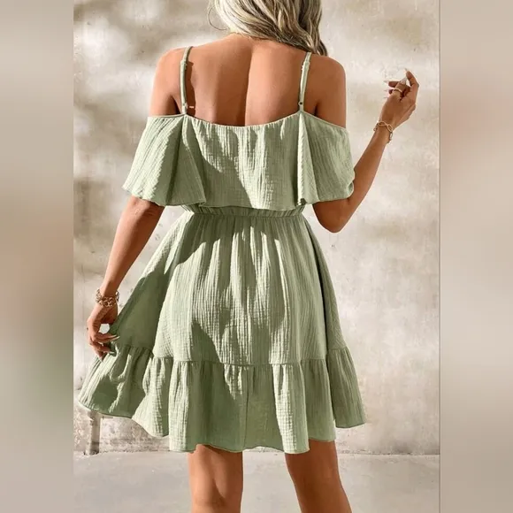 New Textured Cotton Popover Cold Shoulder Cami Dress Green