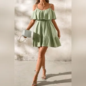 New Textured Cotton Popover Cold Shoulder Cami Dress Green