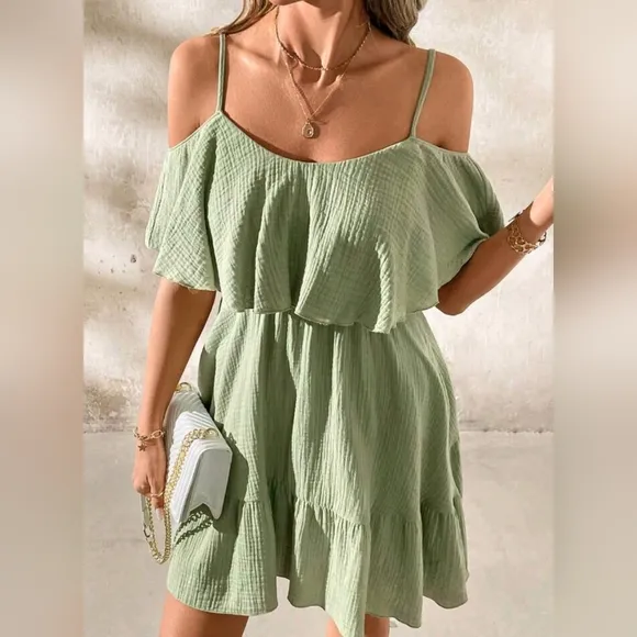 New Textured Cotton Popover Cold Shoulder Cami Dress Green