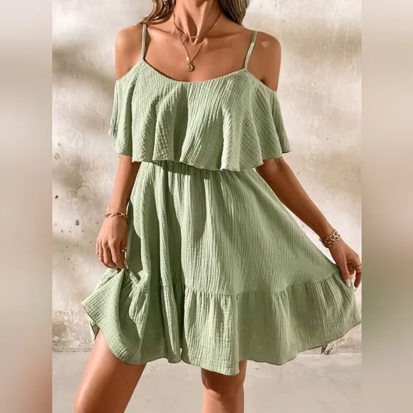 New Textured Cotton Popover Cold Shoulder Cami Dress Green