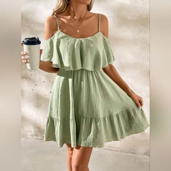 New Textured Cotton Popover Cold Shoulder Cami Dress Green