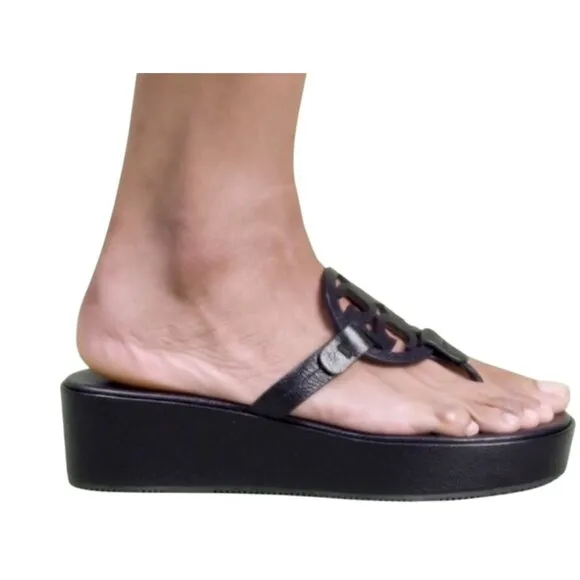 NEW TORY BURCH LEATHER MILLER WEDGE SANDAL PERFECT BLACK SLIP ON SANDALS SIZE 11
