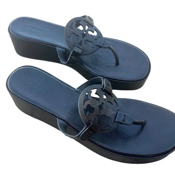 NEW TORY BURCH LEATHER MILLER WEDGE SANDAL PERFECT BLACK SLIP ON SANDALS SIZE 11