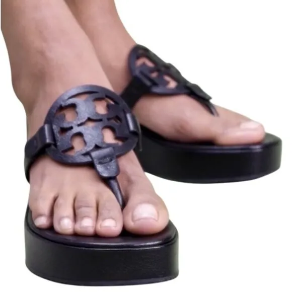 NEW TORY BURCH LEATHER MILLER WEDGE SANDAL PERFECT BLACK SLIP ON SANDALS SIZE 11