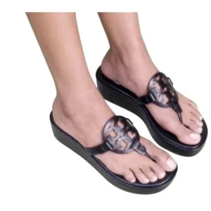 NEW TORY BURCH LEATHER MILLER WEDGE SANDAL PERFECT BLACK SLIP ON SANDALS SIZE 11