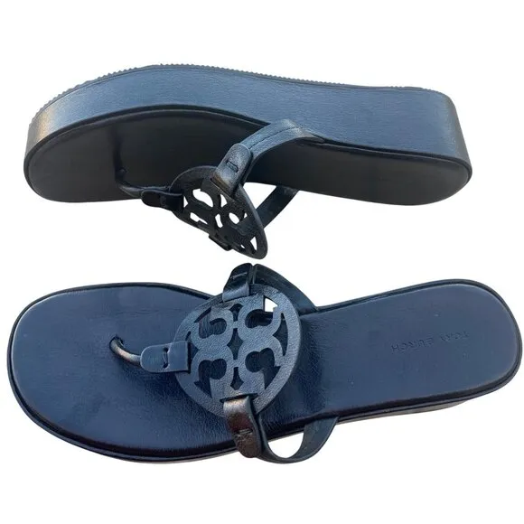NEW TORY BURCH LEATHER MILLER WEDGE SANDAL PERFECT BLACK SLIP ON SANDALS SIZE 11