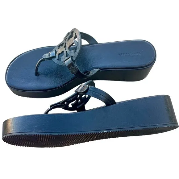NEW TORY BURCH LEATHER MILLER WEDGE SANDAL PERFECT BLACK SLIP ON SANDALS SIZE 11
