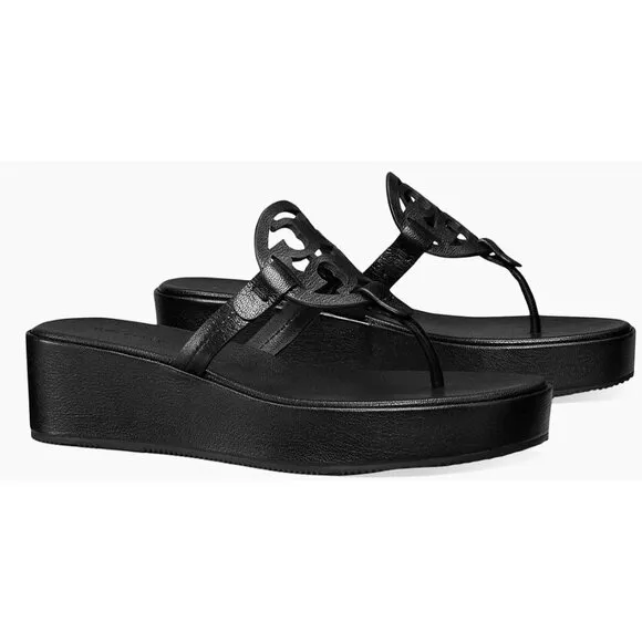 NEW TORY BURCH LEATHER MILLER WEDGE SANDAL PERFECT BLACK SLIP ON SANDALS SIZE 11