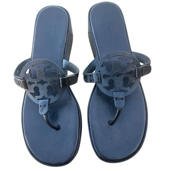 NEW TORY BURCH LEATHER MILLER WEDGE SANDAL PERFECT BLACK SLIP ON SANDALS SIZE 11