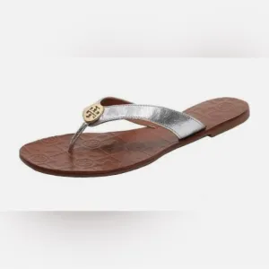 New Tory Burch Thora Silver Leather Thong Sandals Flip Flops Size 5