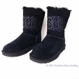 New UGG Classic Gem Sparkle Logo Suede Leather Short Boots BLACK US 7 AUTHENTIC