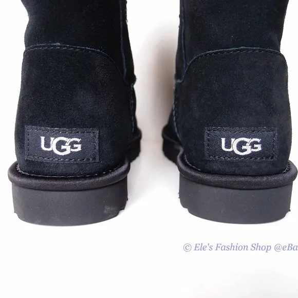 New UGG Classic Gem Sparkle Logo Suede Leather Short Boots BLACK US 7 AUTHENTIC